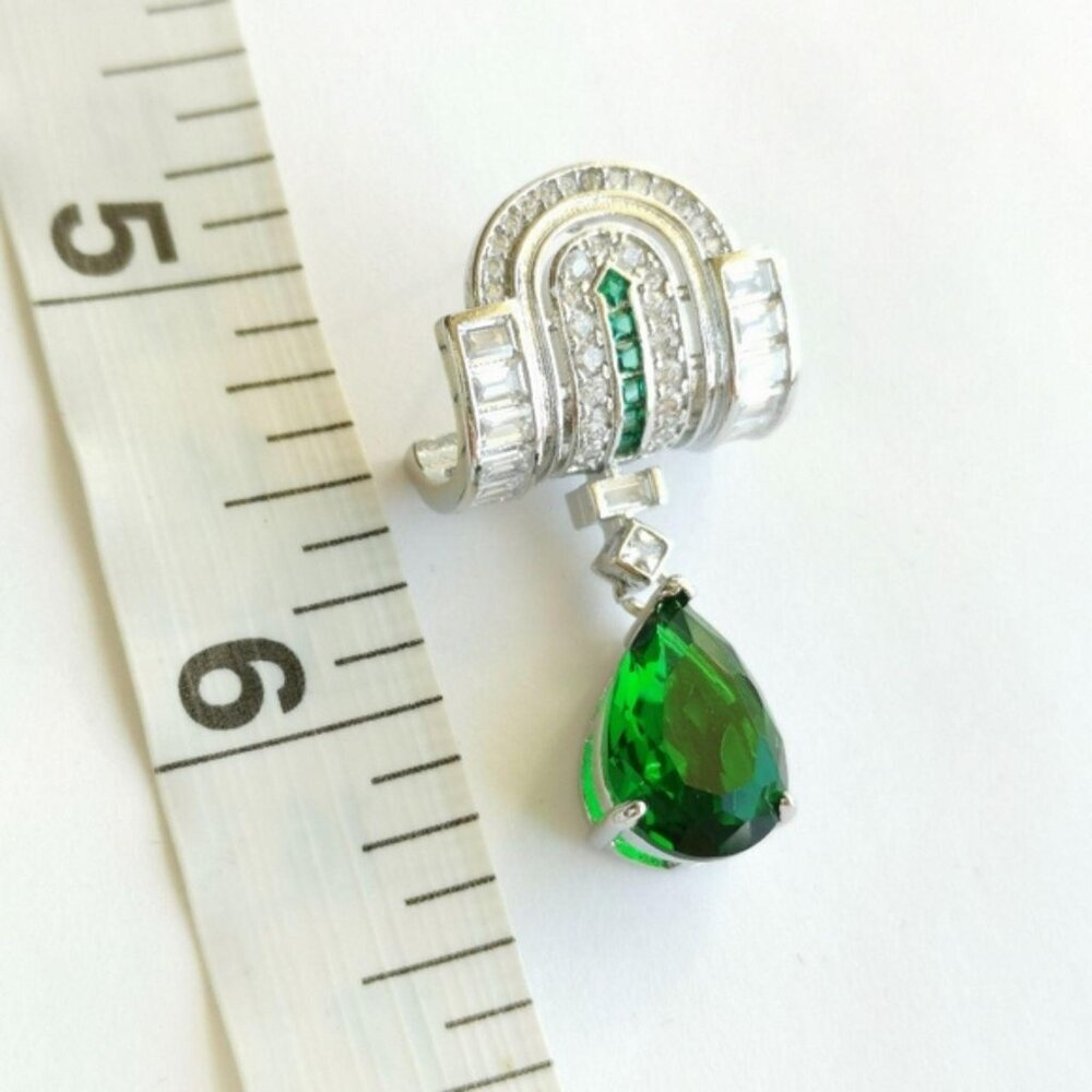 Emerald Cz Art Deco lever  earrings 14k white gold Overlay 🆕 - Picture 7 of 8